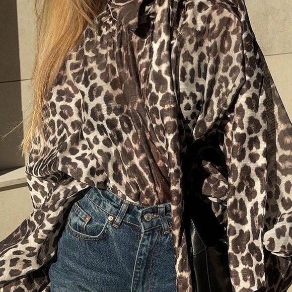 Multicolor Casual Women's Leopard Print Tie Neck Long Sleeve Loose Shirt - Picture 1 of 3